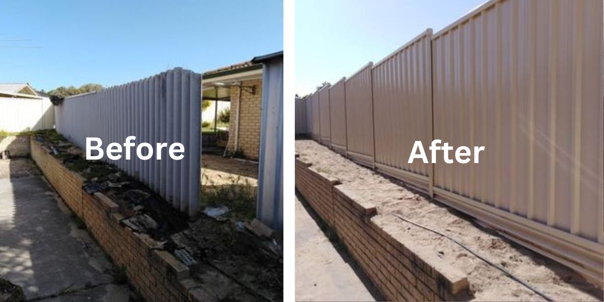 before and after hardie fence replacement with colorbond boundary fence in Baldivis WA