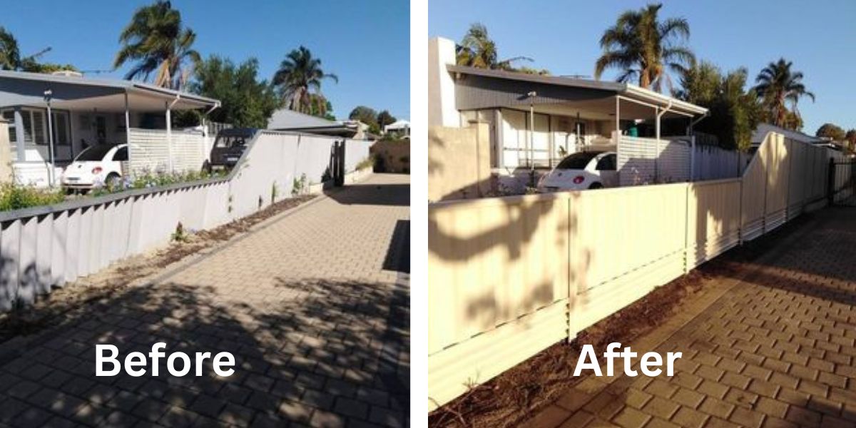 before and after storm damaged asbestos fence replaced with new colorbond boundary fence in Rockingham WA