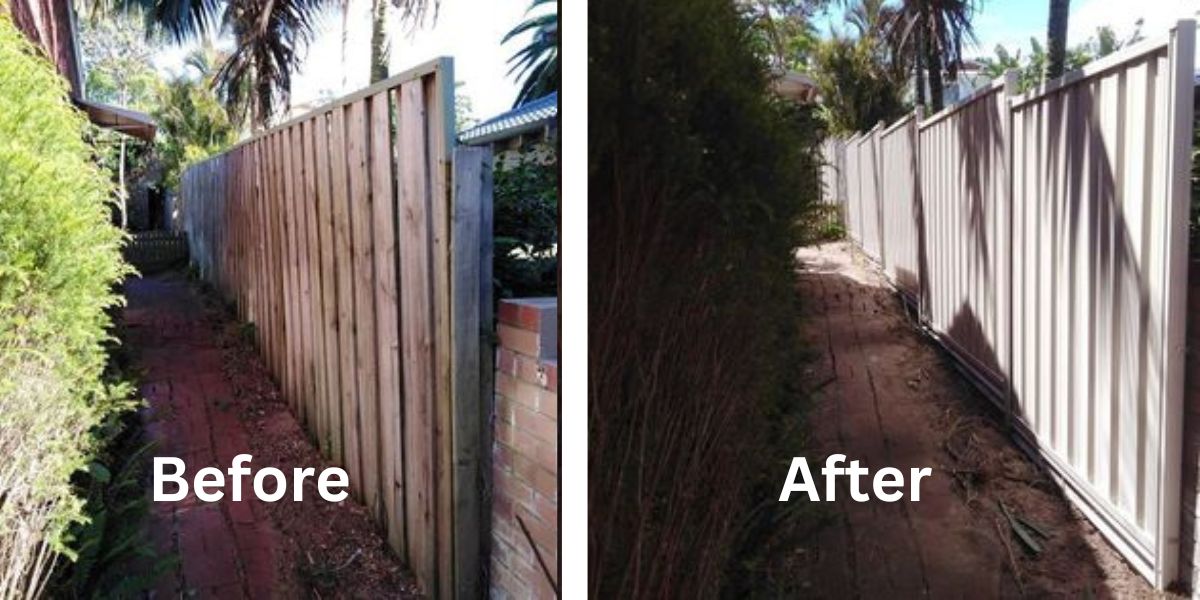 before and after timber fence replaced with new colorbond fence Rockingham WA